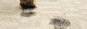 A person in dirty boots walks through a white carpet, leaving dirty footprints